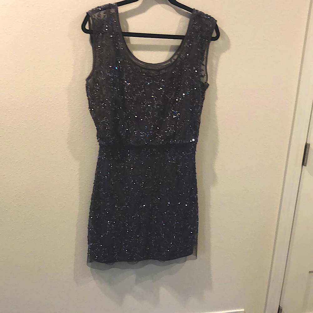 Aidan Mattox Smokey gray fully sequenced, fully lined, sleeveless dress.